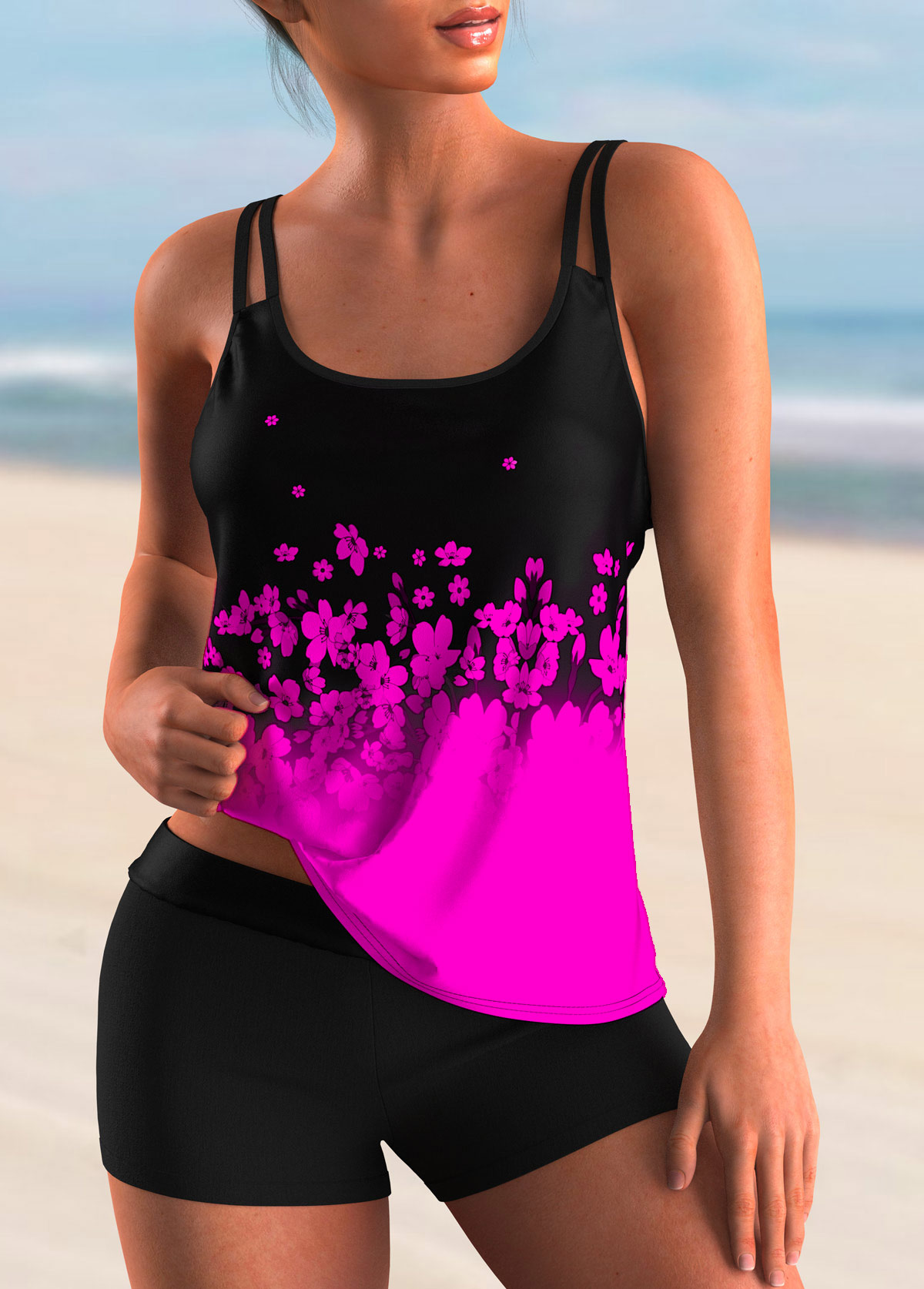 Rose Pink Floral Print Ombre Tankini Top