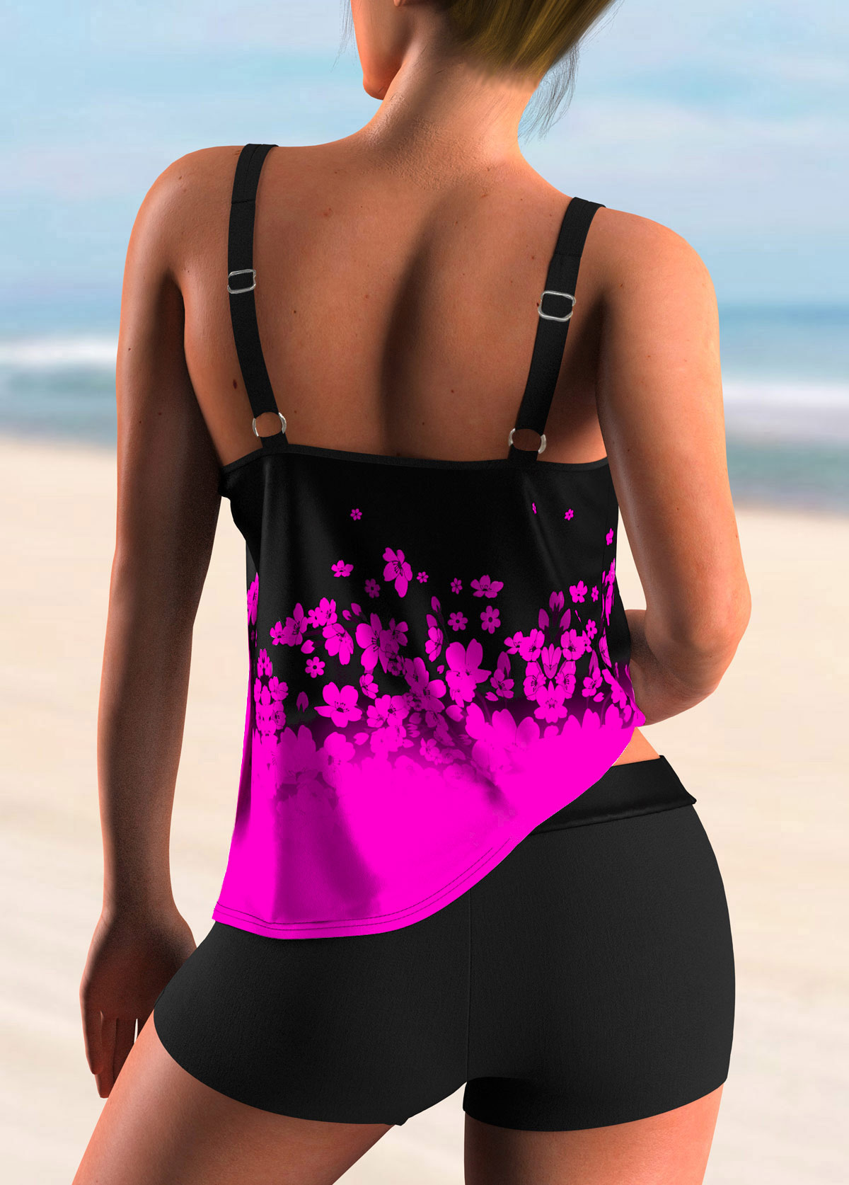 Hot Pink Floral Print Ombre Tankini Set