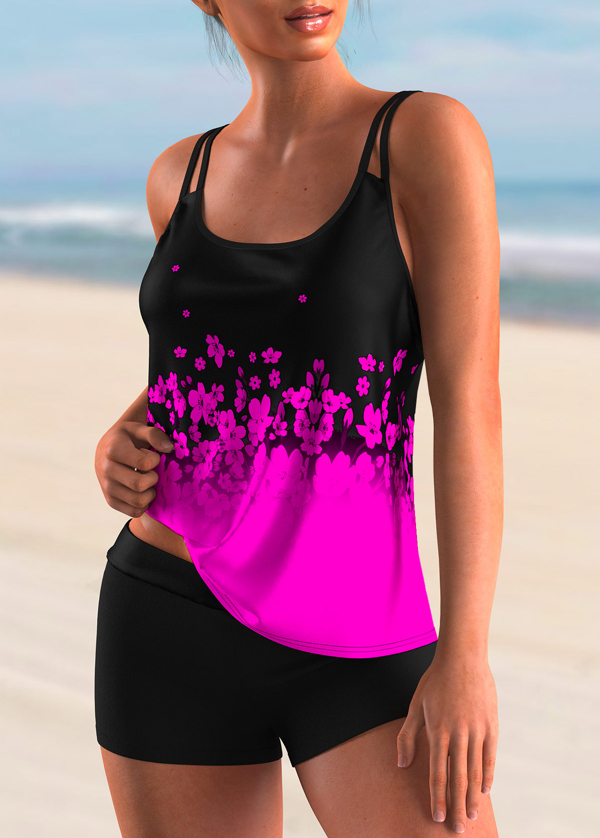 Hot Pink Floral Print Ombre Tankini Top-No Bottom