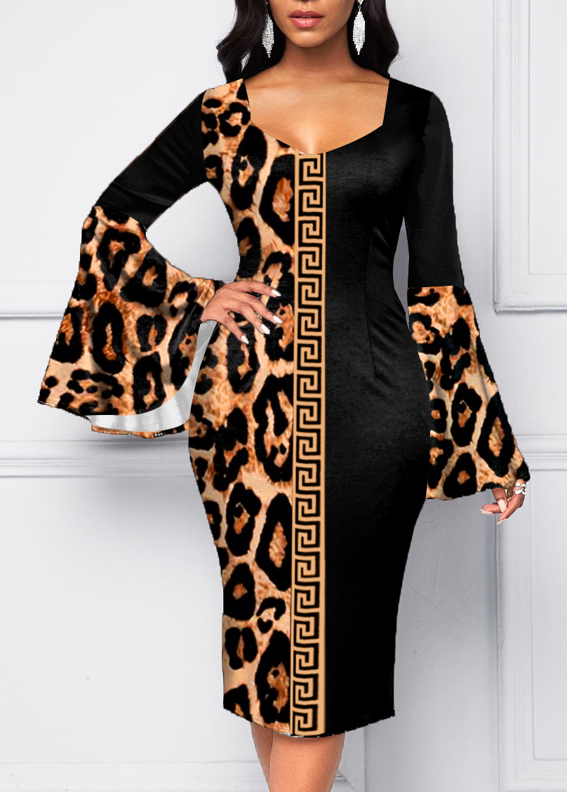 Leopard Fret Print Sweetheart Neckline Flare Sleeve Dress