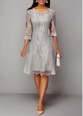 3/4 Sleeve Light Grey Lace Panel Dress