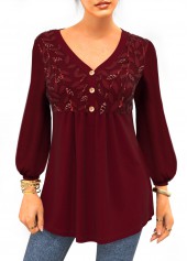 Wine Red Lace 3/4 Sleeve Split Neck Blouse