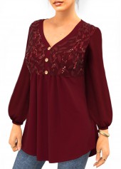Wine Red Lace 3/4 Sleeve Split Neck Blouse