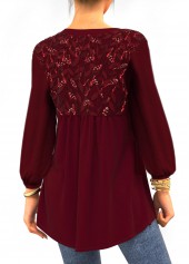Wine Red Lace 3/4 Sleeve Split Neck Blouse