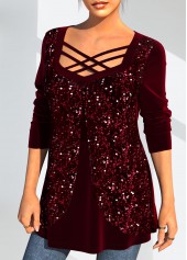 Sequin Velvet Stitching Wine Red Christmas Design T Shirt | thumb picture 