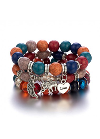 Modlily Elephant and Heart Design Acrylic Detail Bracelet Set - One Size