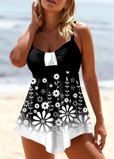 Modlily Ombre Floral Print Asymmetric Hem Swimdress and Panty - XL