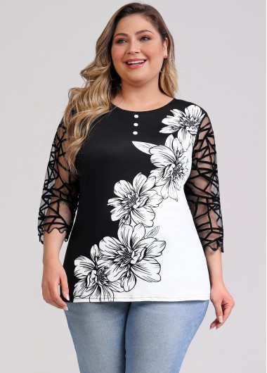 Modlily Plus Size Mesh Stitching Floral Print Black T Shirt - 3XL