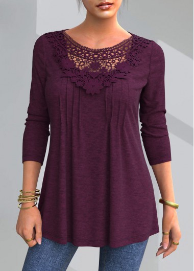 Modlily Purple Lace Patchwork Solid Round Neck Blouse - M
