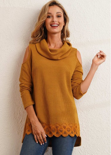 Modlily Lace Stitching Cold Shoulder Ginger Tunic Top - M