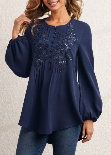 Modlily Flower Applique Sequin Crinkle Chest Navy Blue Blouse - M
