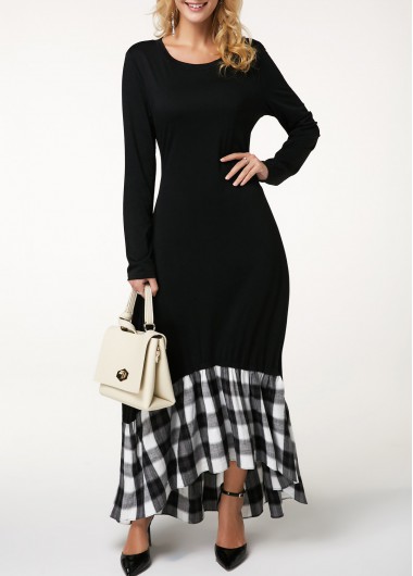 Modlily Plaid Long Sleeve Round Neck Dress - M
