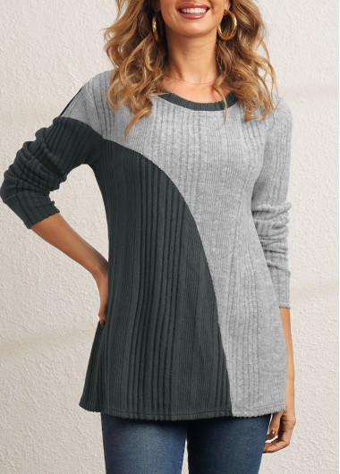 Modlily Long Sleeve Round Neck Color Block Sweatshirt - M