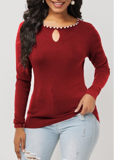 Modlily Wine Red Pearl Detail Keyhole Neckline Sweater - M