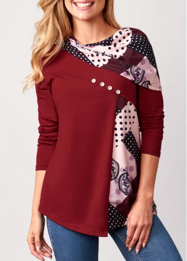 Modlily Wine Red Polka Dot Decorative Button Tunic Top - S