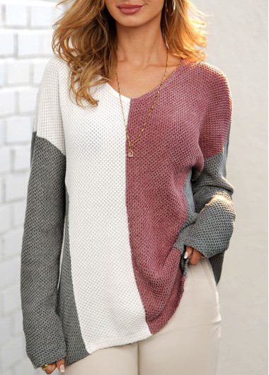 Modlily Color Block V Neck Long Sleeve Sweater - L