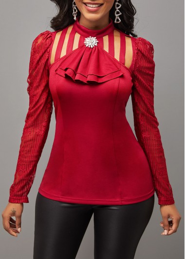 Modlily Lace Stitching Wine Red Ladder Cutout T Shirt - XXL