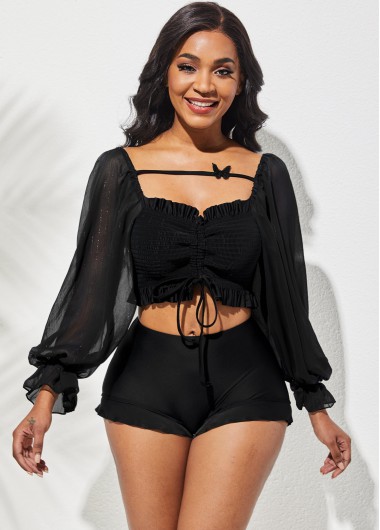 Modlily Black Mid Waist Flounce Long Sleeve Bikini Set - M
