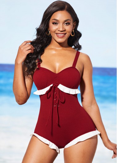 Modlily Lace Up Wine Red Flounce One Piece Swimwear - M