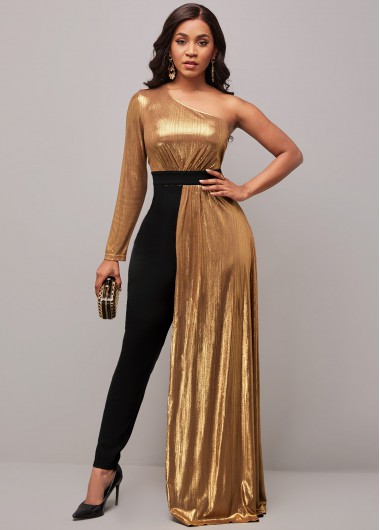 Modlily Overlay One Sleeve Skew Neck Color Block Jumpsuit - XL