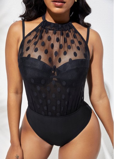 Modlily Polka Dot Black Mesh Stitching One Piece Swimwear - L