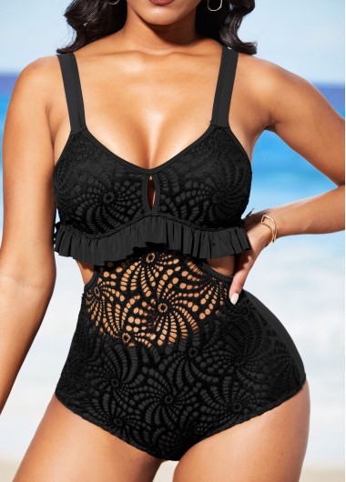 Modlily Lace Patchwork Black Flounce Pierced One Piece Swimwear - XXL
