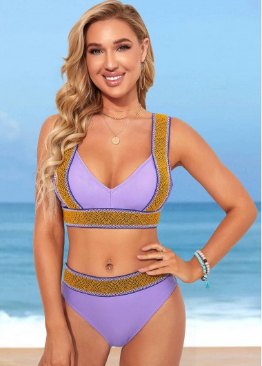 Modlily Webbing Purple Wide Strap Mid Waist Bikini Set - M