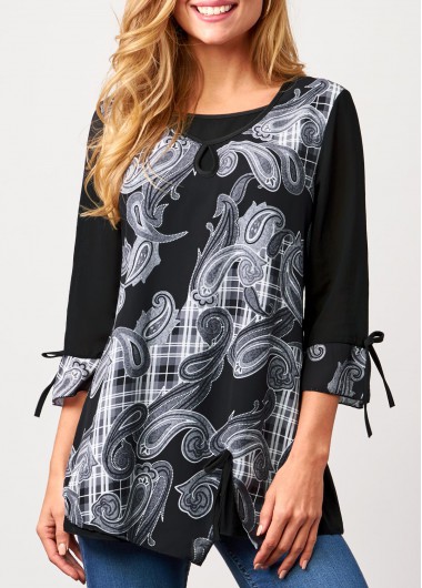 Modlily Paisley Print 3/4 Sleeve Black Blouse - M
