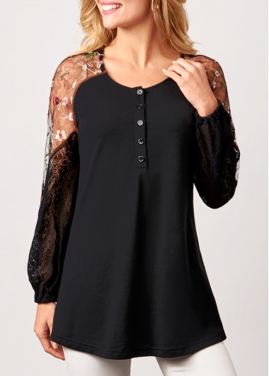 Modlily Lace Stitching Long Sleeve Black Blouse - M