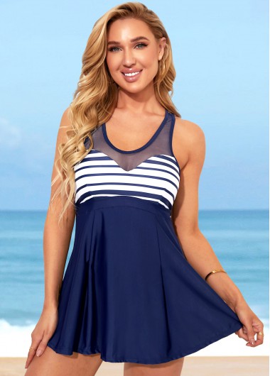 Modlily Striped Mesh Stitching Navy Blue Swimdress and Panty - XXL