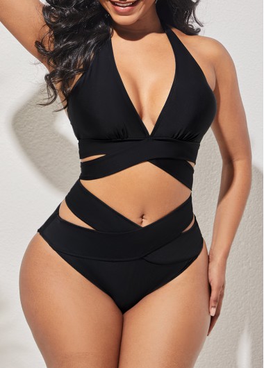 Modlily Cross Strap Halter Black Bikini Set - XL