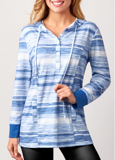 Modlily Striped Button Detail Drawstring Light Blue Hoodie - XL