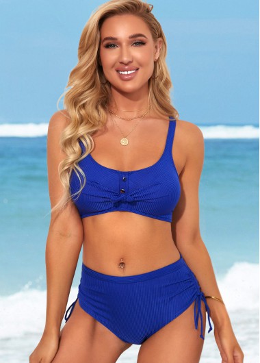 Modlily Tie Side Shirred Royal Blue Waist Bikini Set - XL