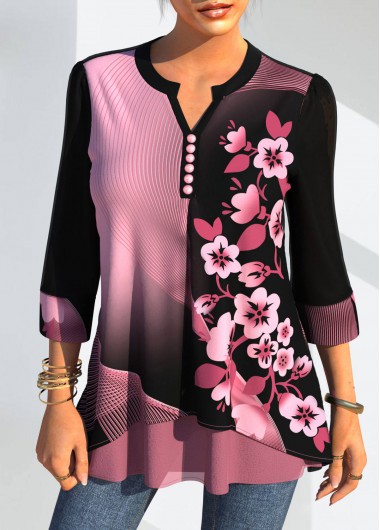 Modlily Floral Print Split Neck Pink Blouse - M