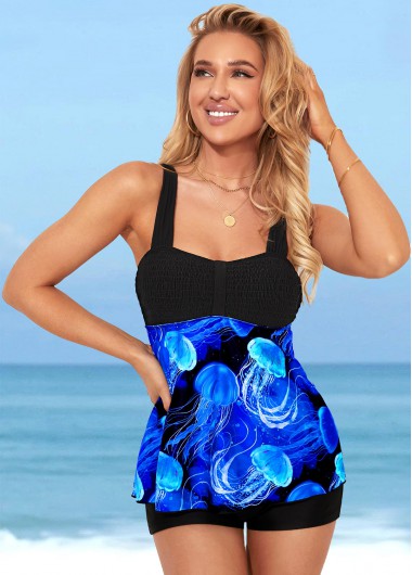 Modlily Jellyfish Print Blue Wide Strap Tankini Top - XL