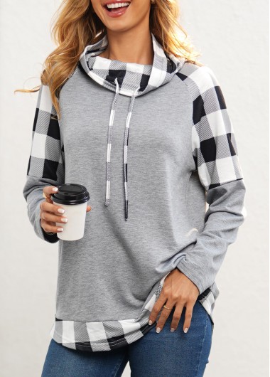 Modlily Drawstring Plaid Light Grey Cowl Neck Sweatshirt - M