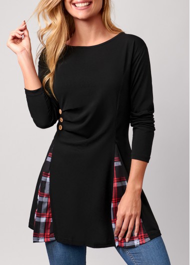 Modlily Decorative Button Plaid Black T Shirt - 3XL