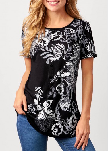 Modlily Tribal Print Short Sleeve Black T Shirt - M