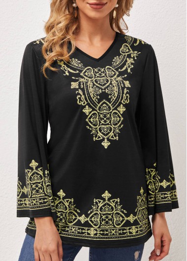 Modlily Black Tribal Print V Neck T Shirt - L