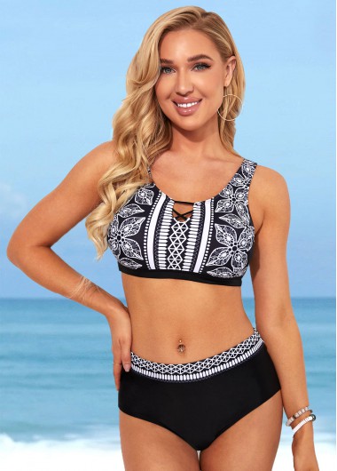 Modlily Tribal Print Mid Waist Black Bikini Set - S