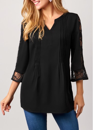 Modlily Lace Stitching Split Neck Black 3/4 Sleeve Blouse - M