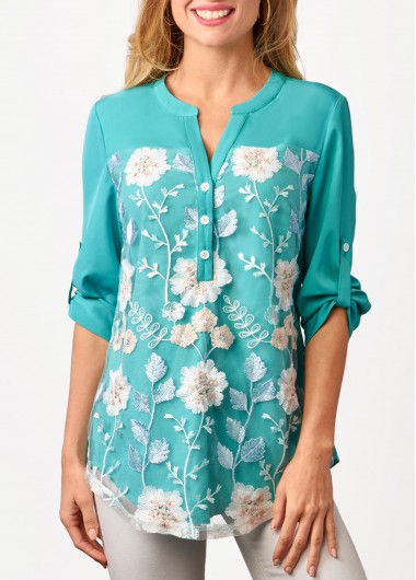 Modlily Mesh Stitching Split Neck Embroidered Cyan Blouse - XL