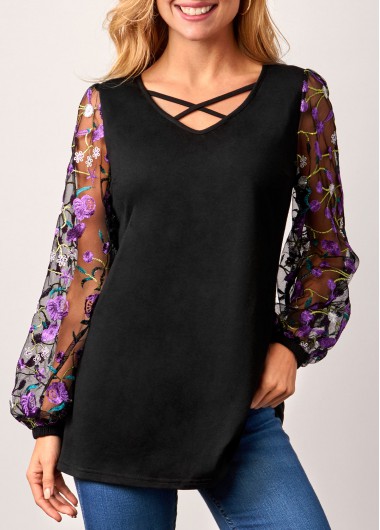 Modlily Cross Strap Mesh Embroidered Black Lantern Sleeve T Shirt - S