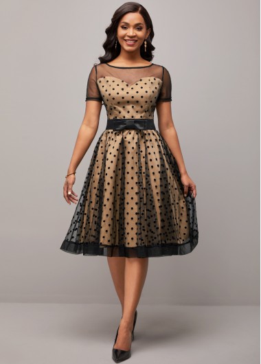 Modlily Mesh Polka Dot Khaki Short Sleeve Dress - XL