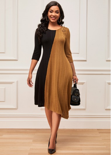 Modlily Asymmetric Hem 3/4 Sleeve Color Block Dress - M