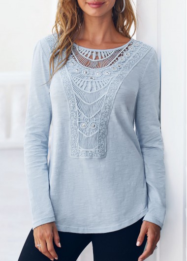 Modlily Dusty Blue Long Sleeve Lace Stitching T Shirt - S