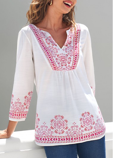Modlily Tribal Print Split Neck White Blouse - S