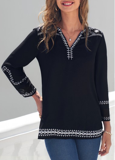 Modlily Printed Split Neck Black 3/4 Sleeve Blouse - S