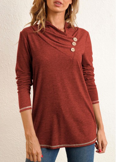 Modlily Decorative Button Long Sleeve Wine Red T Shirt - S