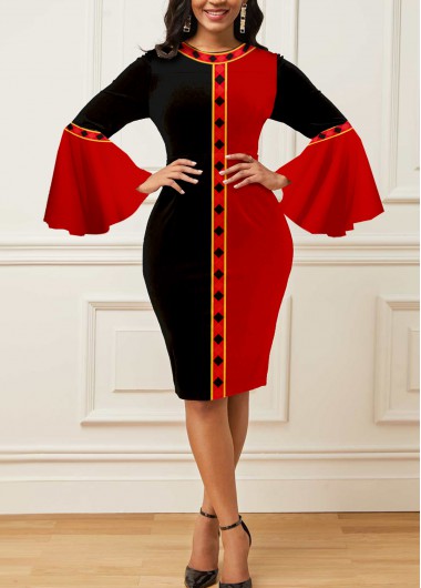 Modlily Tribal Print Round Neck Color Block Dress - S